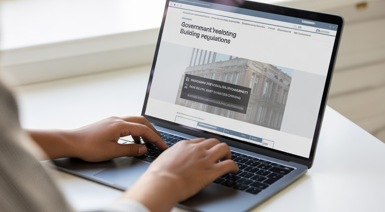 A person reviewing building regulation documents on a laptop, surrounded by paperwork and architectural plans, symbolizing the complexity and importance of understanding building codes