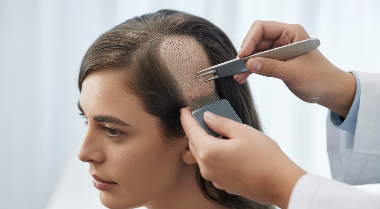 Woman receiving professional hair loss treatment in an Istanbul clinic